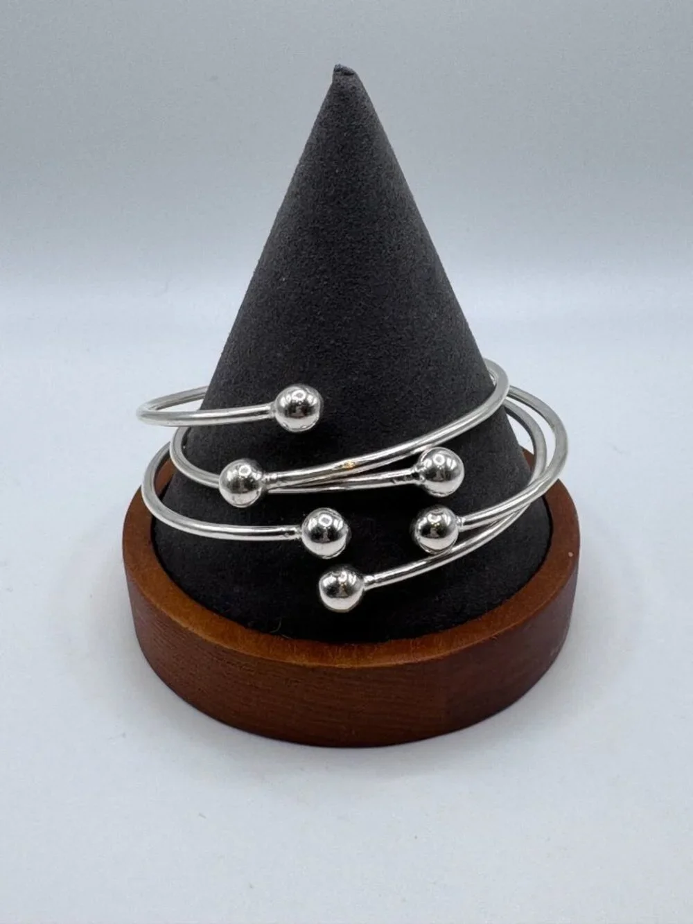 3 Sterling Silver Adjustable Bangles Ball Accents Modernist Stacking Timeless